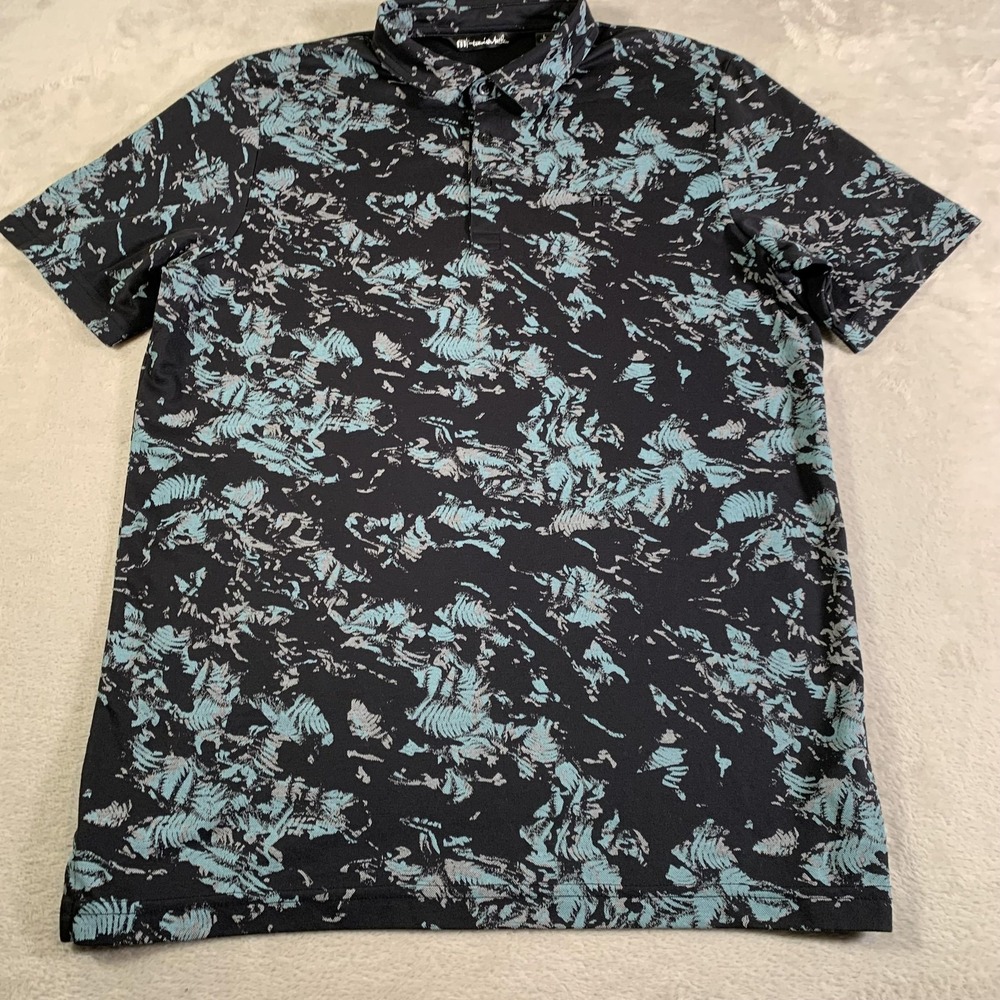 TravisMathew Polo‎ Shirt Mens Large Black Blue Floral Print Pima Cotton Golf